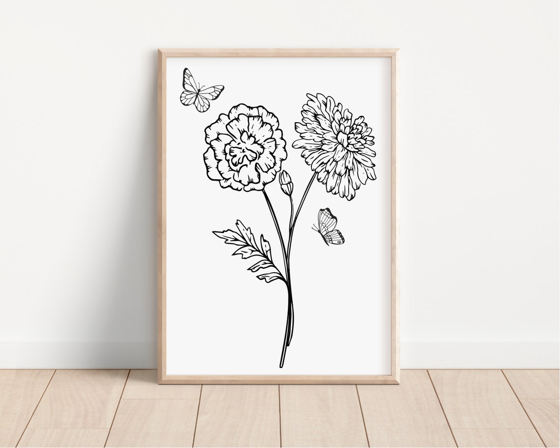Black and White Botanical Wildflower Line Art Butterfly Poster - Image 4