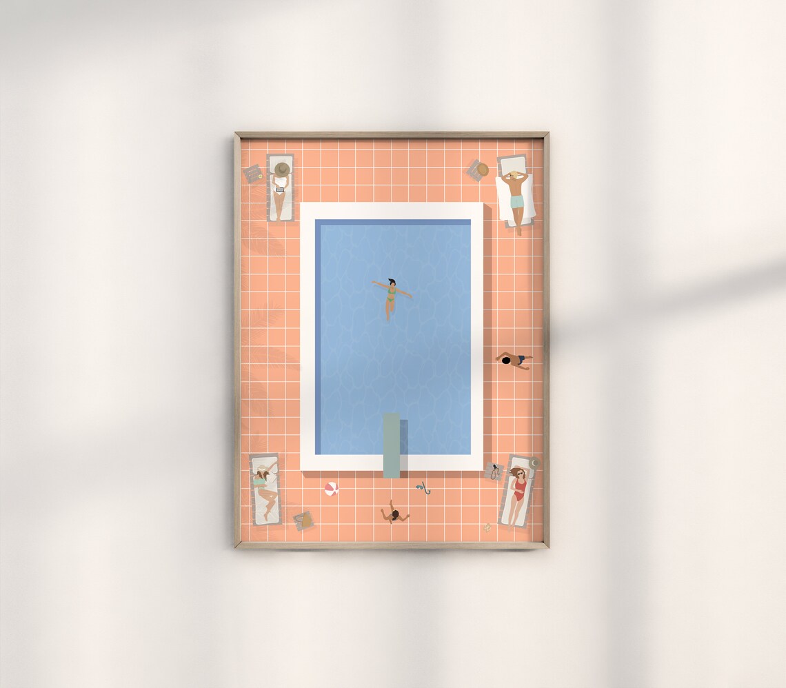 People At Pool Retro Peach Summer Art Print