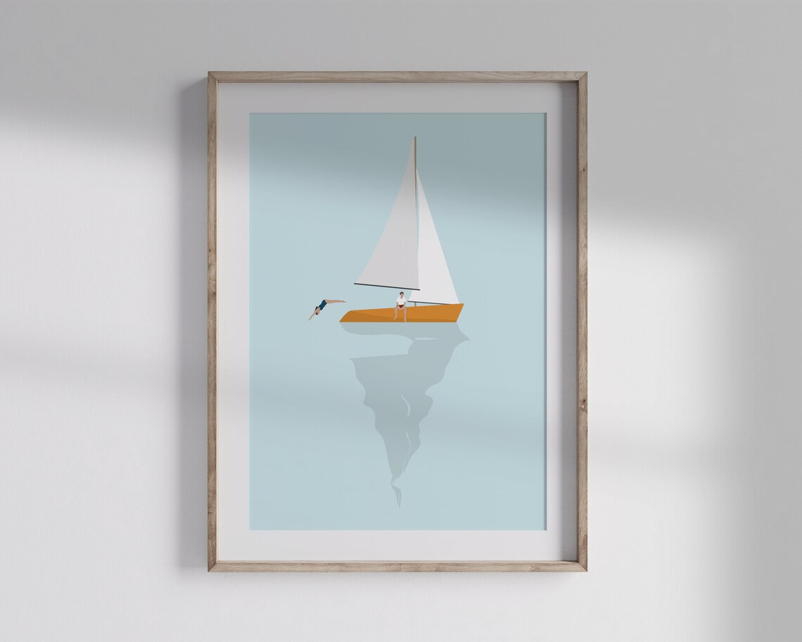 Tiny People on Sailboat Minimalist Ocean Poster - Image 2