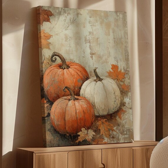 Rustic Orange and White Pumpkins Fall Harvest Painting with Leaves Poster