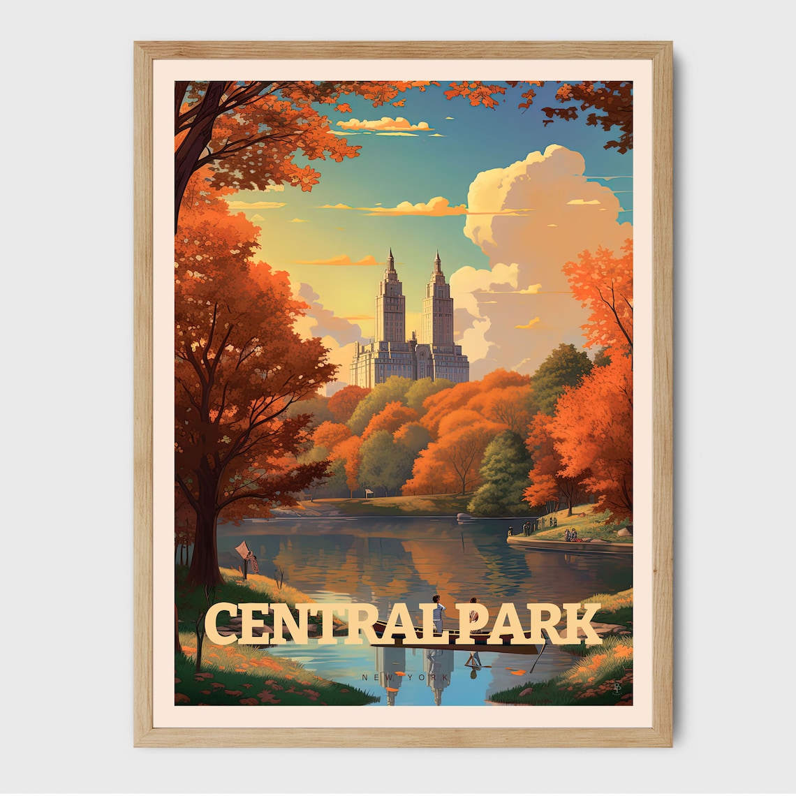 Central Park New York Autumn Lake Rowboat Skyline Fall Travel Poster