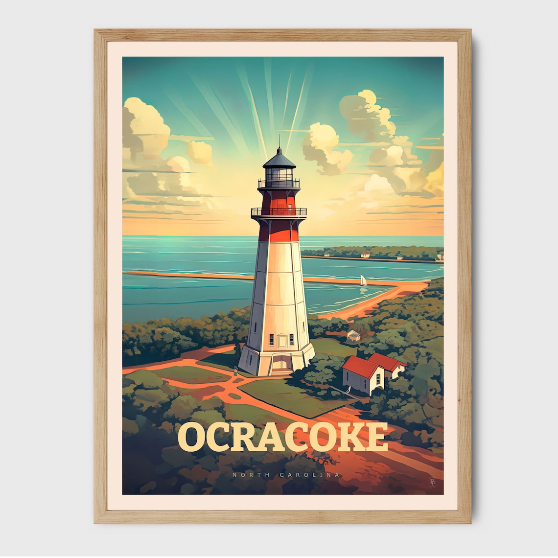 Ocracoke North Carolina Lighthouse Island Sunset Coastal Travel Poster