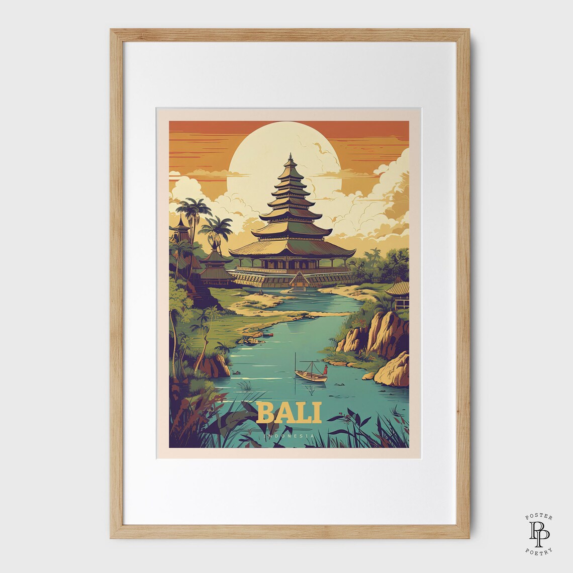 Bali Indonesia Balinese Temple Sunset River Boat Travel Poster - Image 4