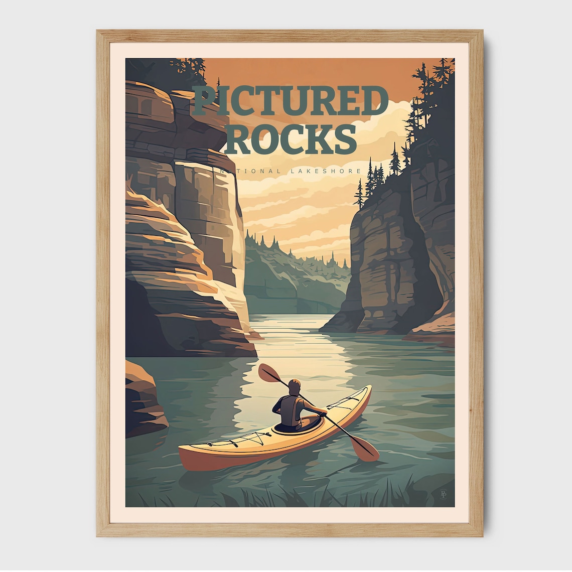 Pictured Rocks National Lakeshore Kayaker Sandstone Cliffs Sunset Travel Poster