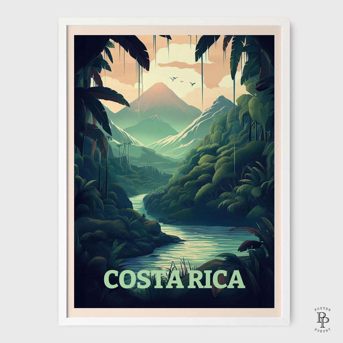 Costa Rica Tropical Rainforest River Valley Sunset Travel Poster - Image 2