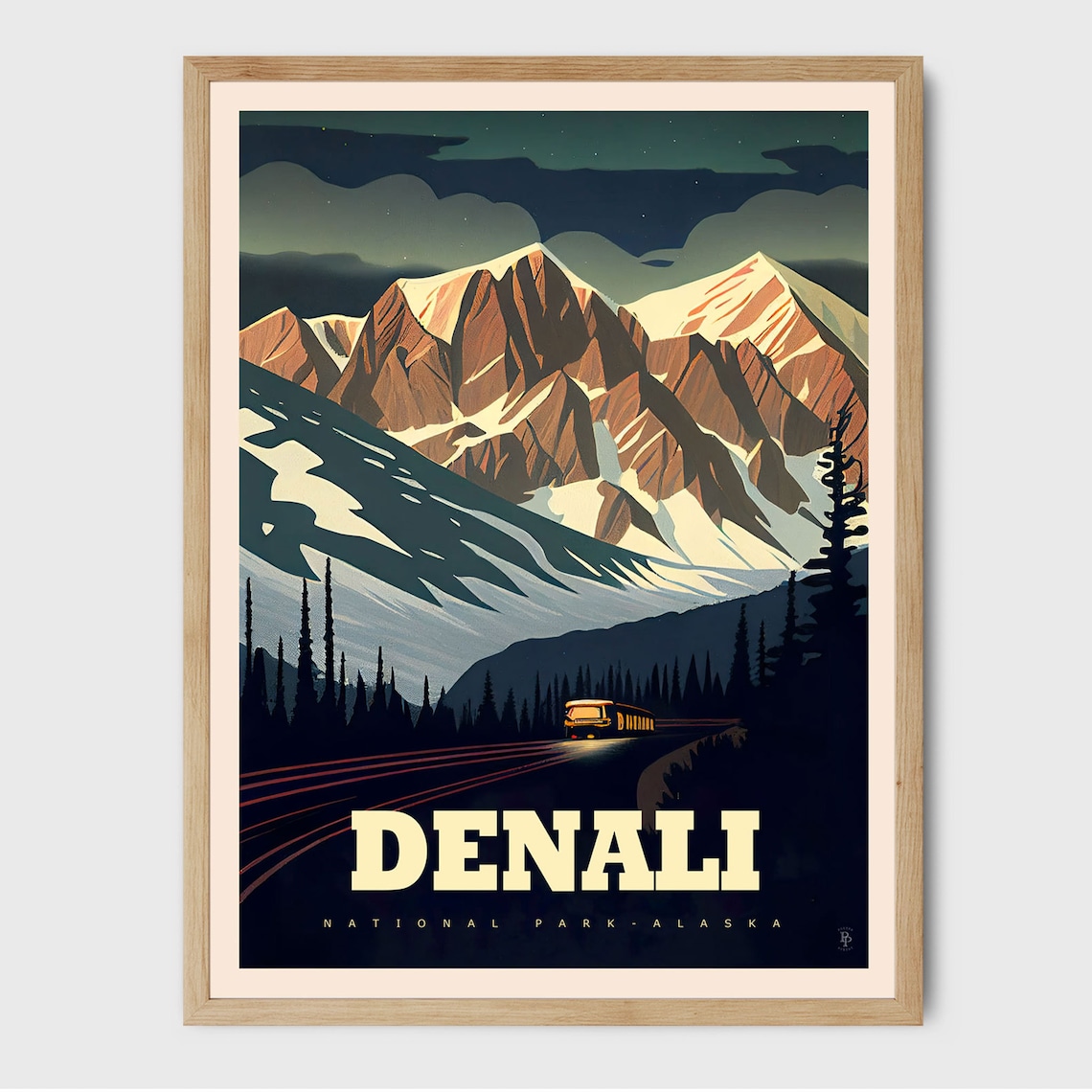 Denali National Park Alaska Snowy Mountain Night Vintage Style Poster