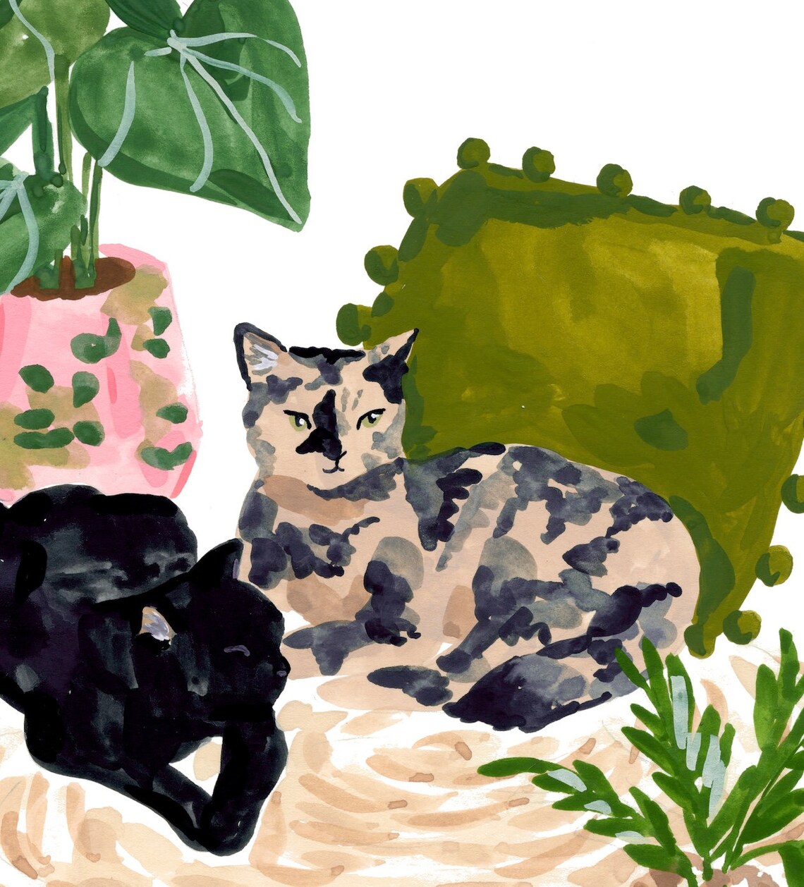 Cats Art Print, Two Cats And Plants Poster - Image 3