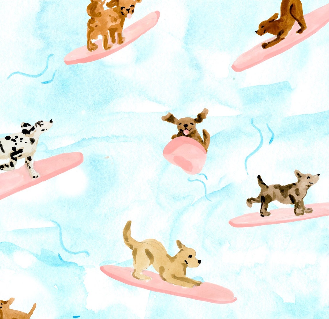 Dogs Surfing Pink Surfboards Cute Watercolor Ocean Dog Lover Art Print