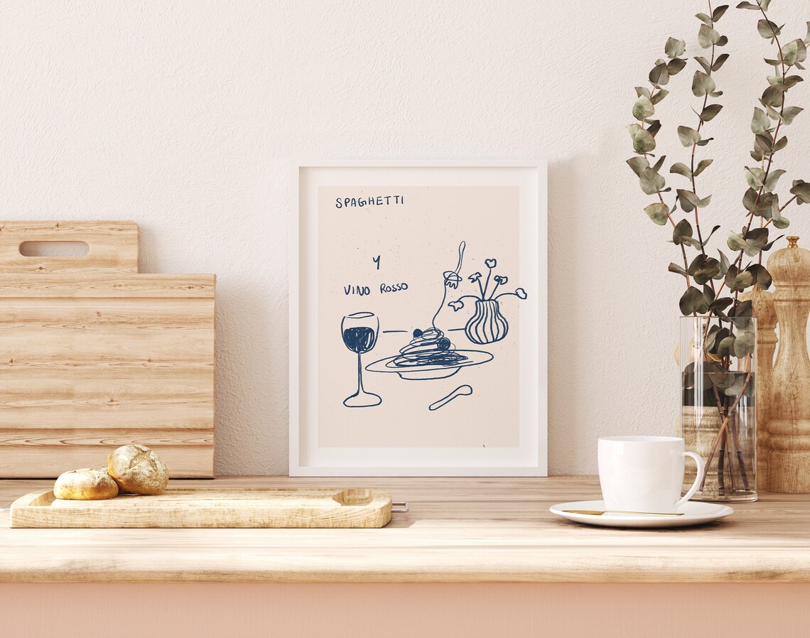 Pasta and Red Wine Line Painting Kitchen Art Print - Image 2