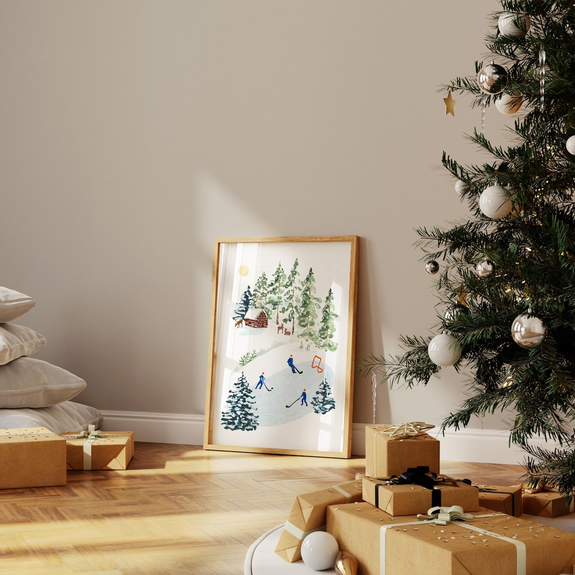 Winter Ice Hockey Watercolor Print, Rustic Cabin Decor - Image 2