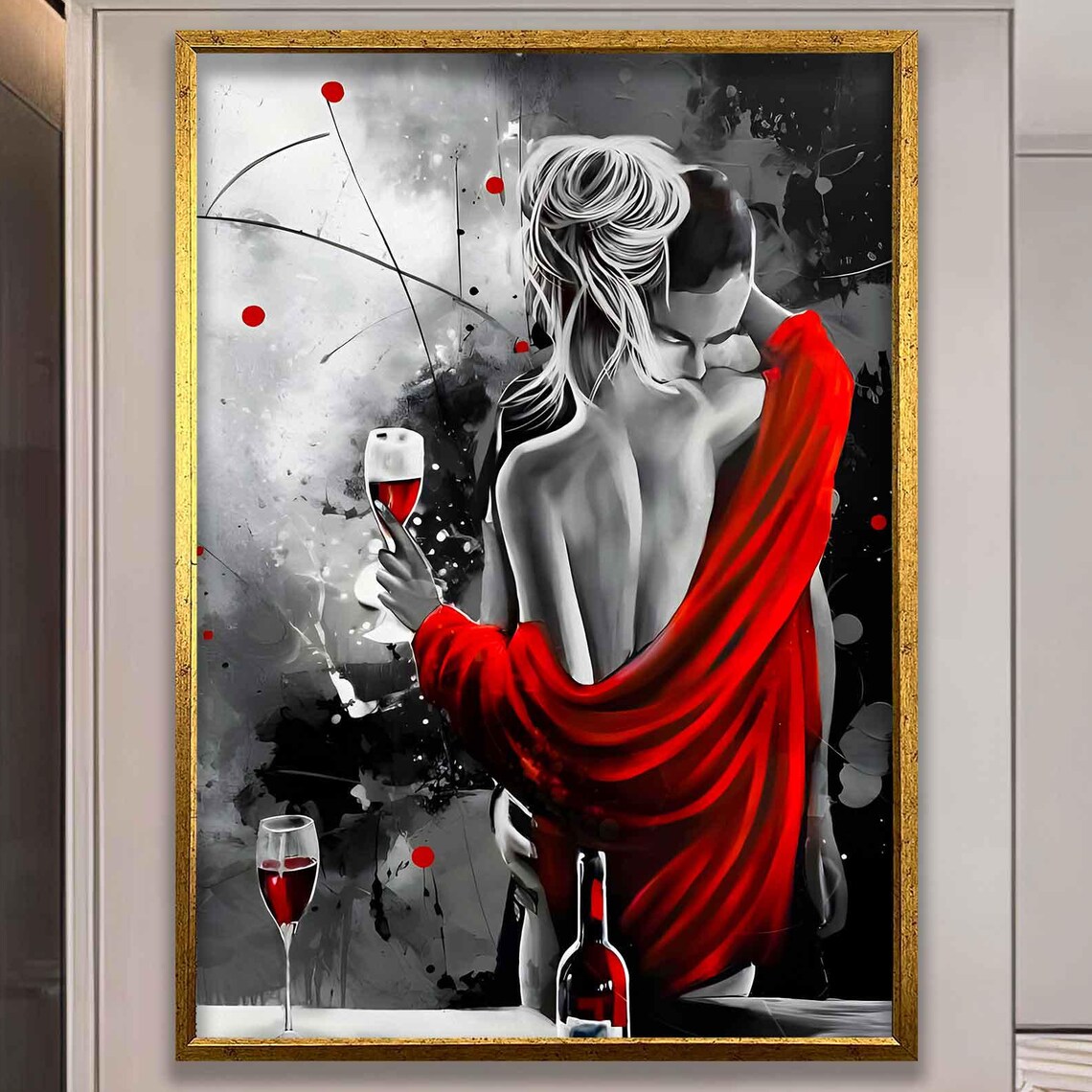 Elegant Woman With Wine Glass Draped In Flowing Red Silk Wall Art