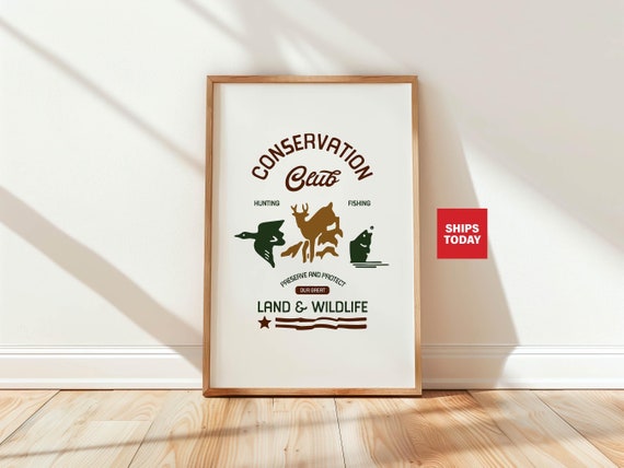 Retro Hunting Fishing Art Print Wildlife Poster Outdoorsy Gift For Dad Fishing Wall Art Hunting Wall Decor Conservation Artwork