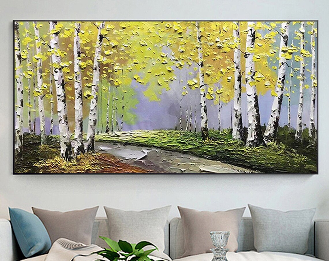 White Birch Forest Path with Yellow Canopy Oil Painting Poster