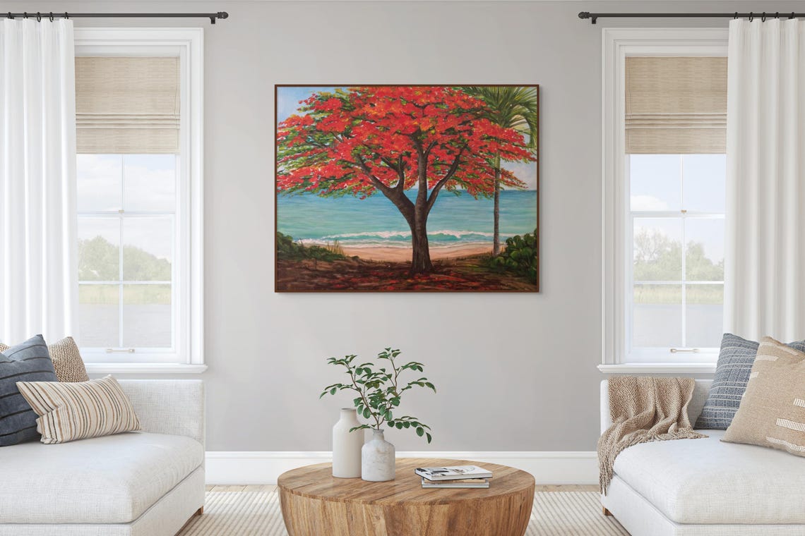 Red Flamboyant Tree Bloom Tropical Beach Ocean Scene Travel Poster - Image 4