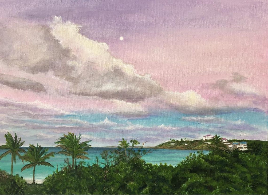 Lavender Sunset Sky Turquoise Bay Palm Trees Moonrise Beach Poster - Image 5