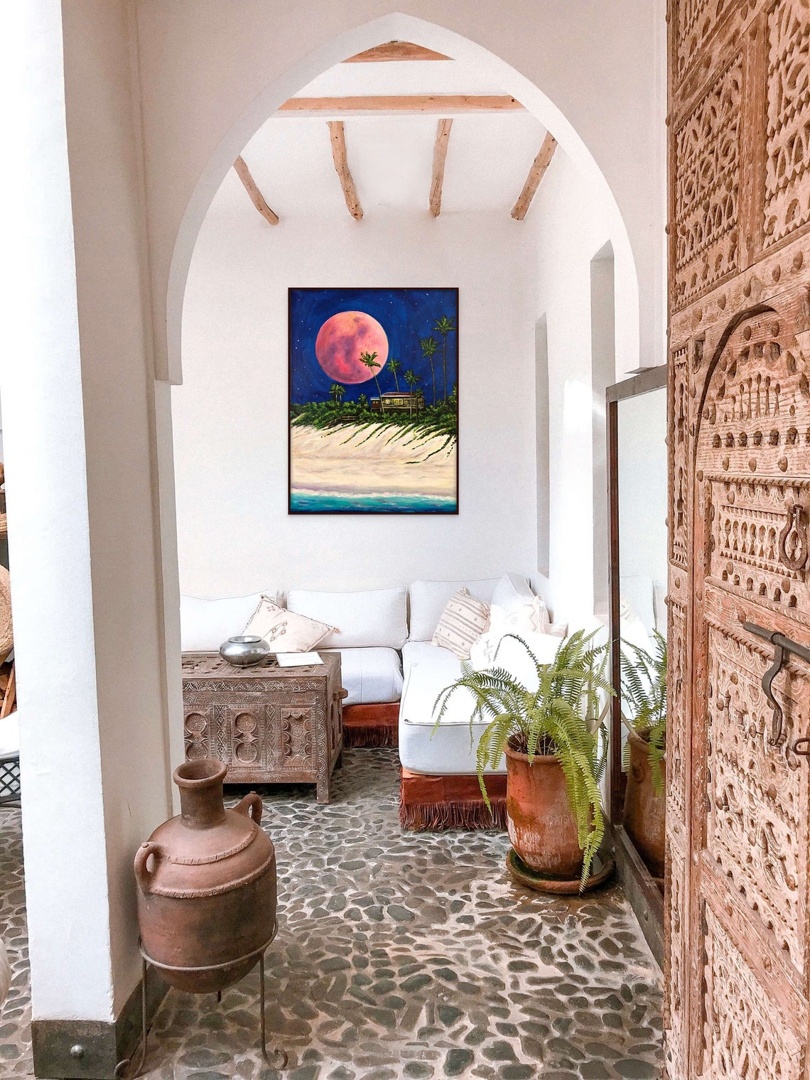 Pink Moon Beach Night Painting Palm Trees Cottage Tropical Art Poster - Image 2