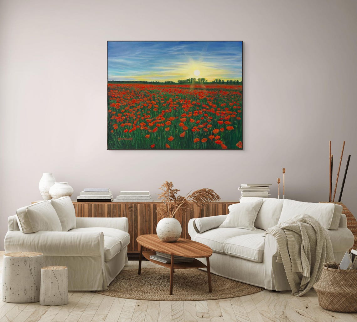 Red Poppy Field Sunrise Painting Morning Sun Endless Blooms Poster - Image 2