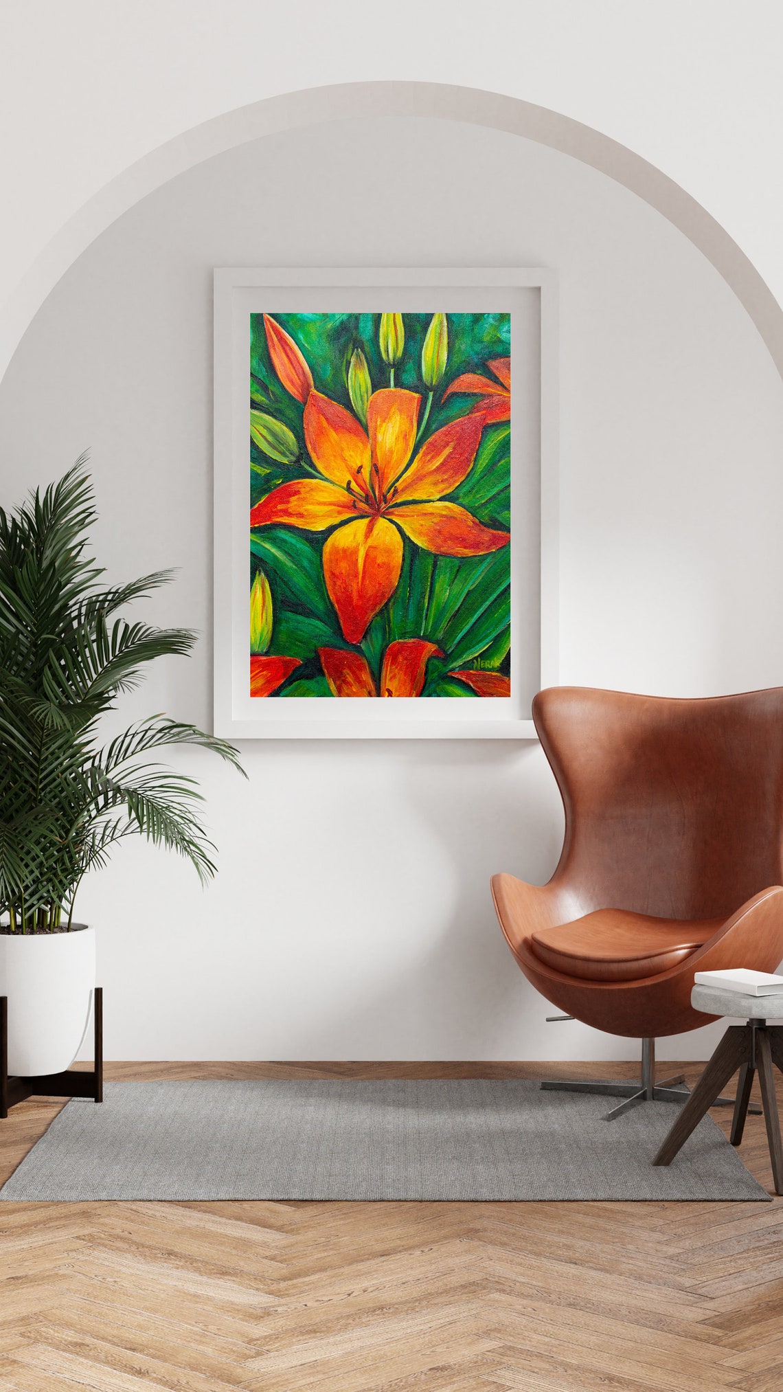Orange Lilies Vibrant Botanical Painting Green Leaves Floral Poster - Image 6