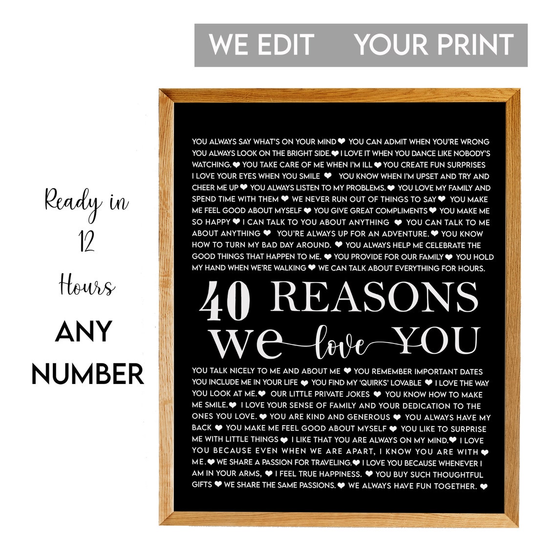 40 Reasons We Love You White on Black Typographic Keepsake Poster