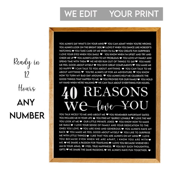 40 Reasons We Love You White on Black Typographic Keepsake Poster