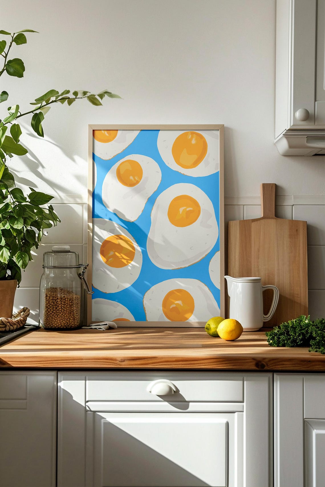 Sunny Side Up Fried Eggs Pattern on Blue Kitchen Wall Poster - Image 2