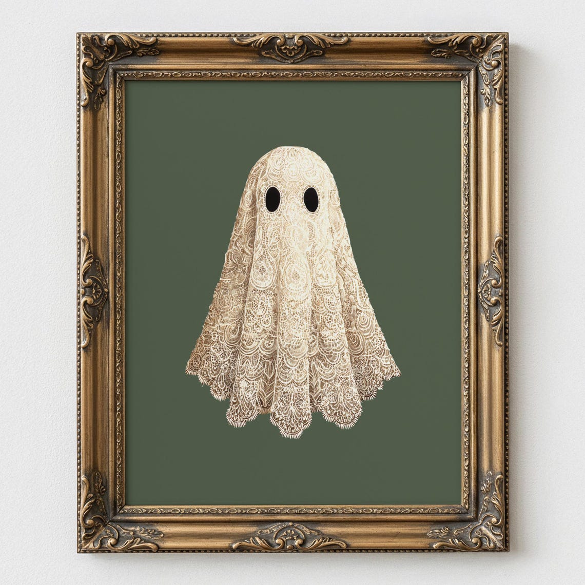 Cute Lace Ghost Green Background Spooky Sweet Halloween Wall Art