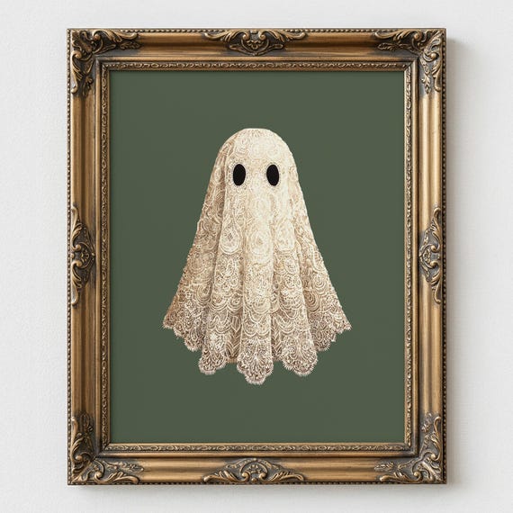 Cute Lace Ghost Green Background Spooky Sweet Halloween Wall Art
