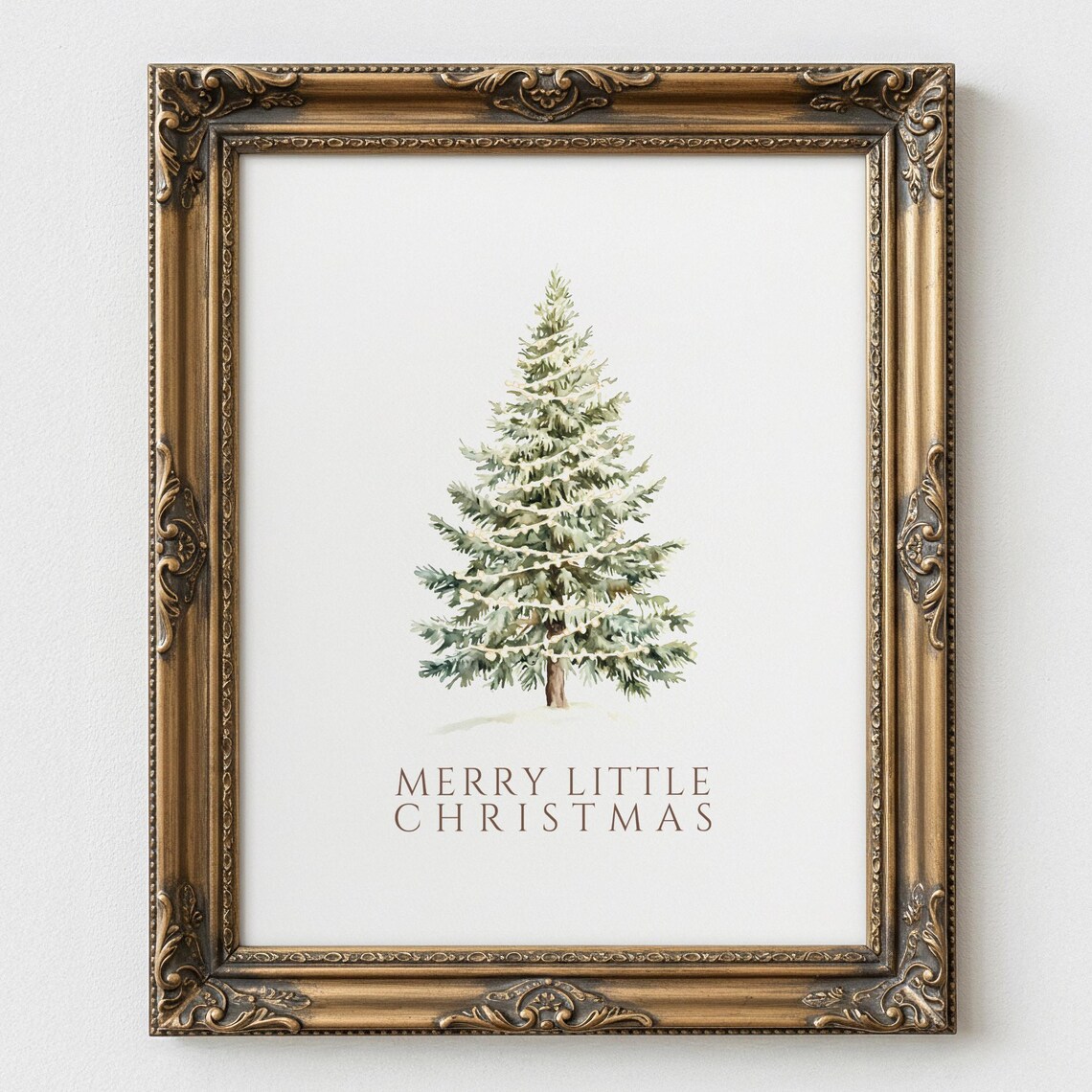 Merry Little Christmas Watercolor Pine Tree Holiday Wall Art