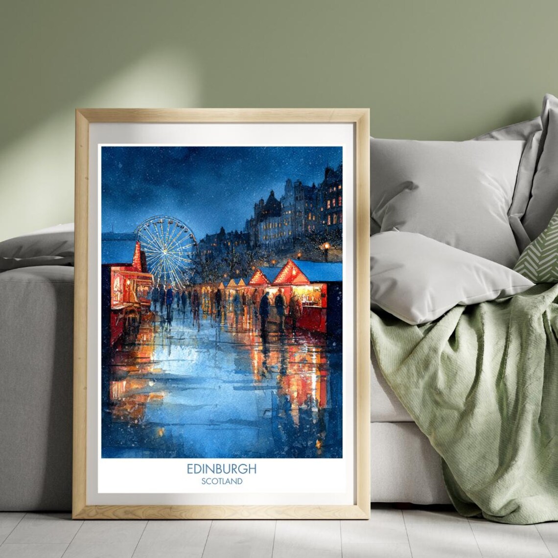 Edinburgh Scotland Snowy Christmas Market Stalls Night Poster