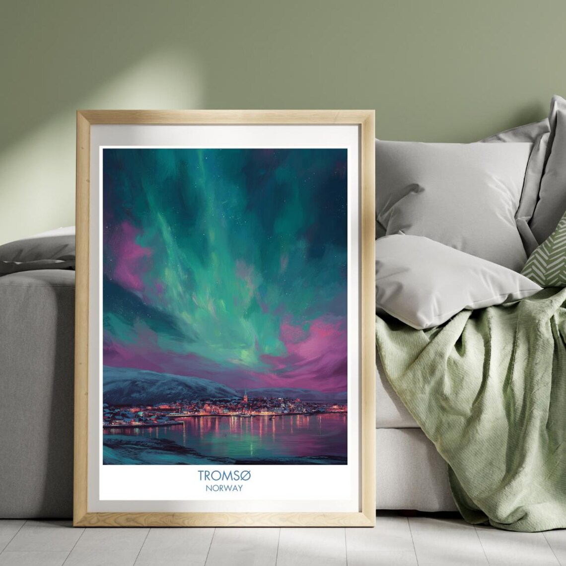 Tromso Norway Aurora Borealis Night Sky Over Town Travel Poster