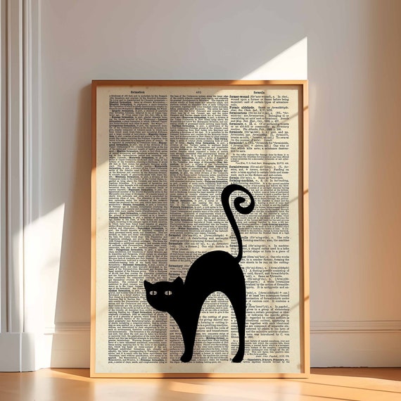 Halloween Wall Art Poster Black Cat Printhalloween Home Decor Cute Print Old Book Page