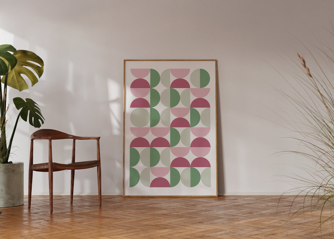 Pink and Green Semicircle Grid Bauhaus Geometric Abstract Poster - Image 3