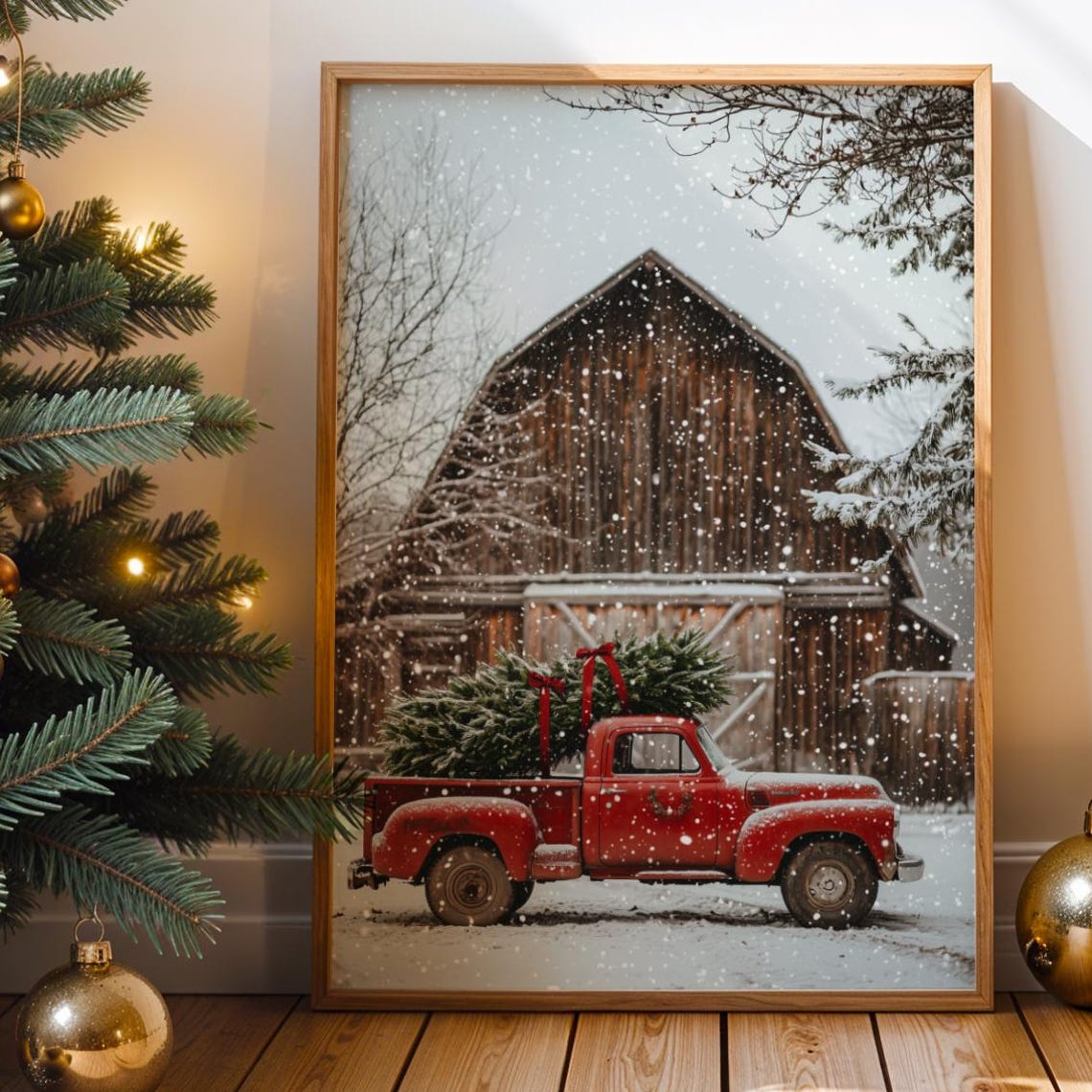 Vintage Red Truck Snowy Barn Christmas Tree Farmhouse Photo Print