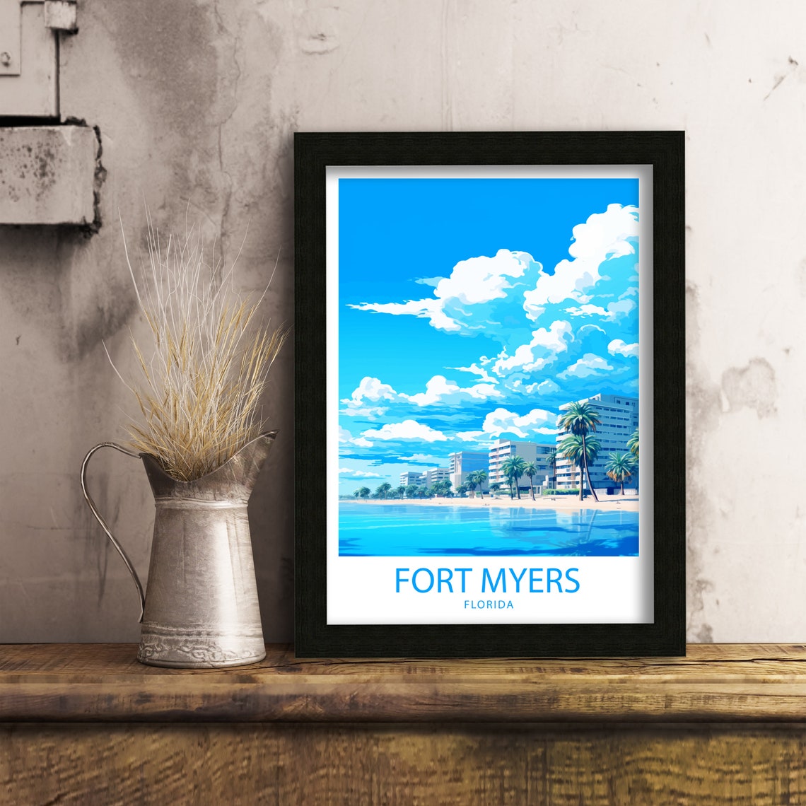 Fort Myers Florida Beachfront Skyline Palms Retro Travel Art Poster - Image 6