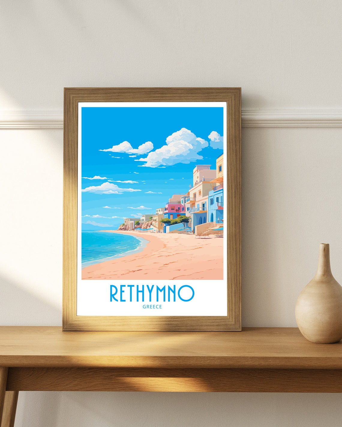 Rethymno Greece Sandy Beach Colorful Hillside Buildings Summer Poster - Image 5
