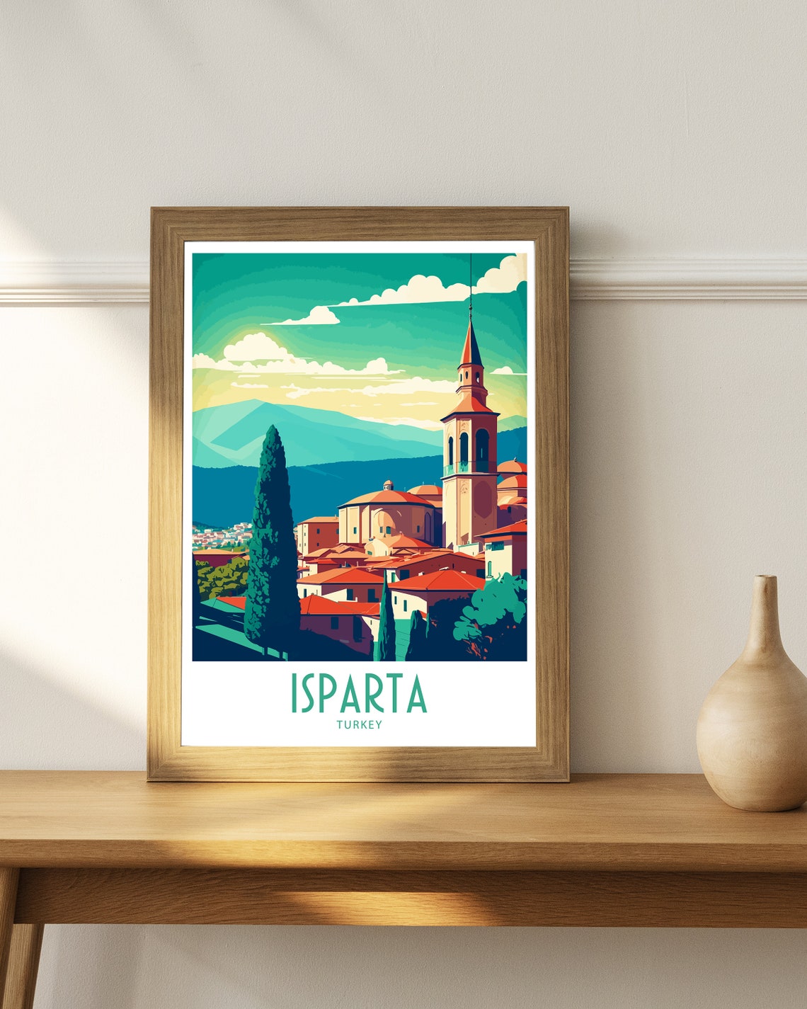 Isparta Turkey Old Town Bell Tower Mountain Retro Travel Poster - Image 4