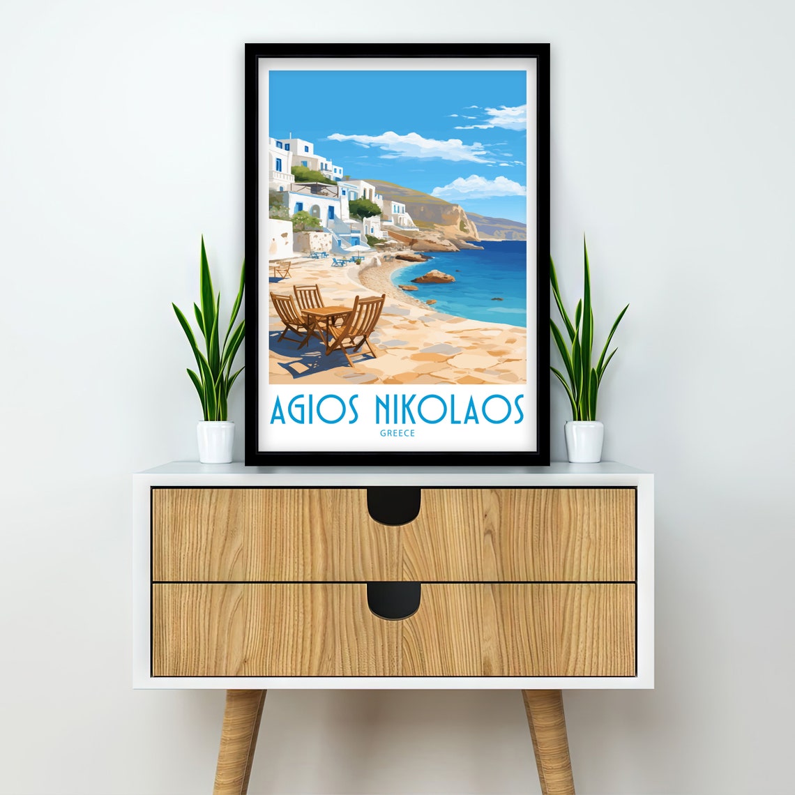 Agios Nikolaos Greece Sunny Beach Taverna Hillside Travel Poster - Image 2