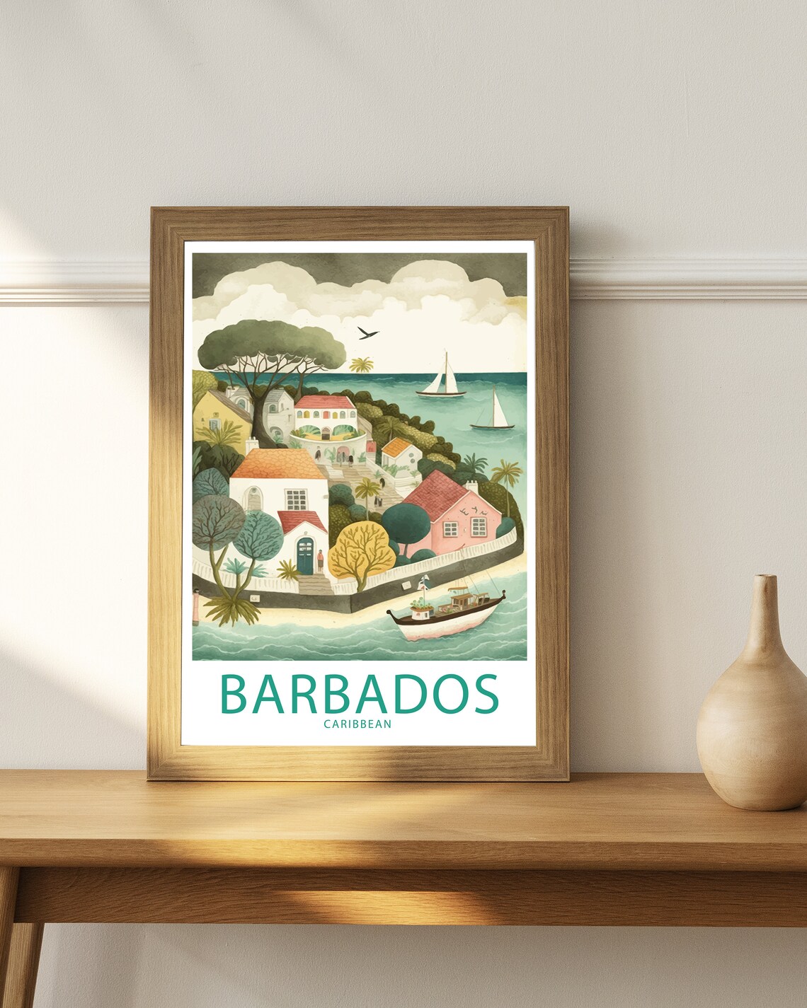Barbados Caribbean Whimsical Seaside Village With Boats Travel Poster - Image 4