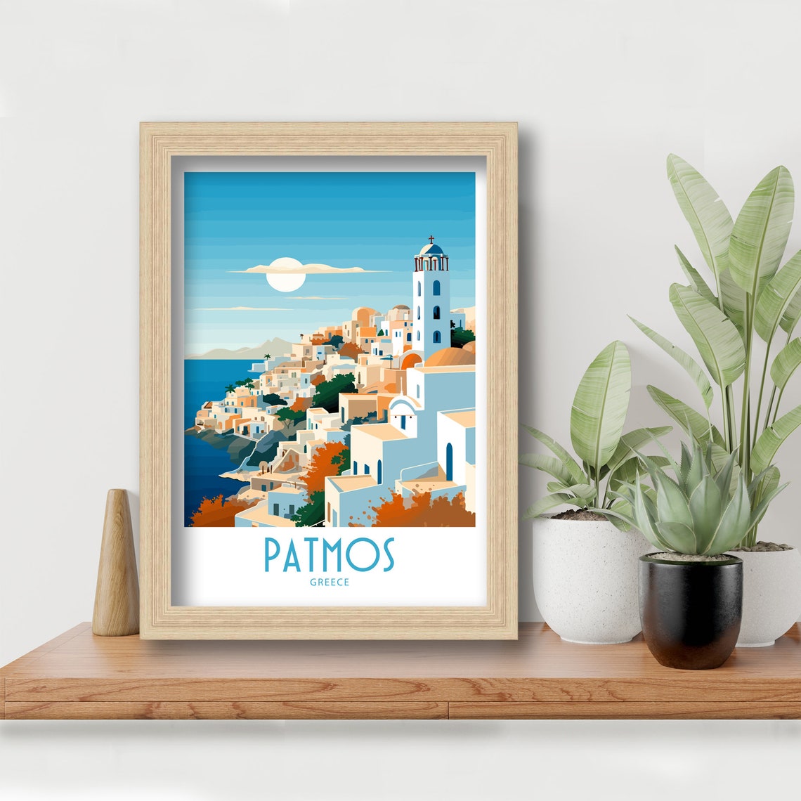Patmos Greece Hillside Town Bell Tower Moon Over Sea Travel Art Poster - Image 6