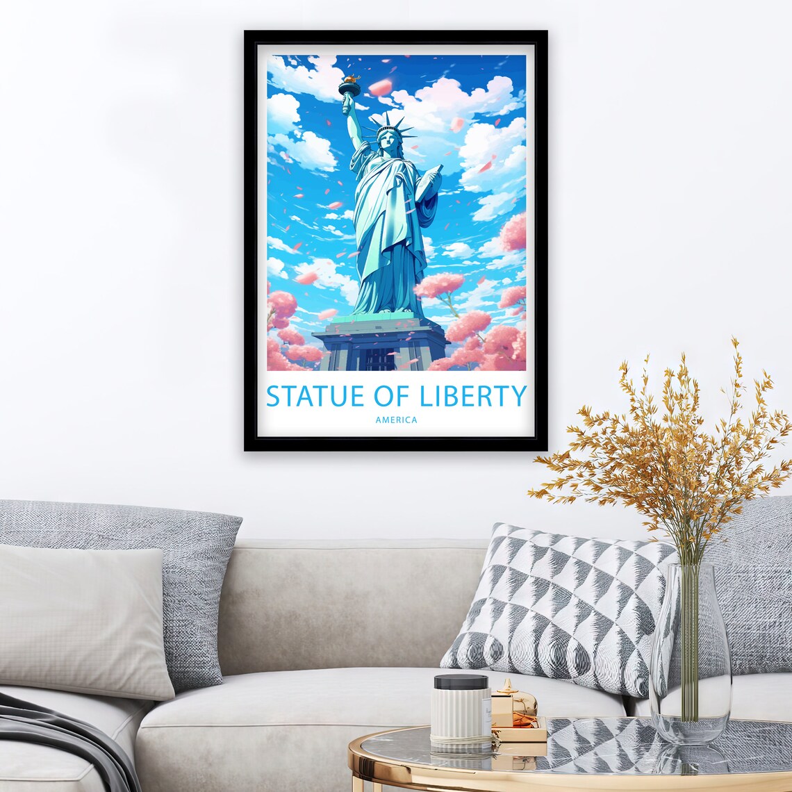 Statue of Liberty America Cherry Blossom Illustrated Travel Poster - Image 2