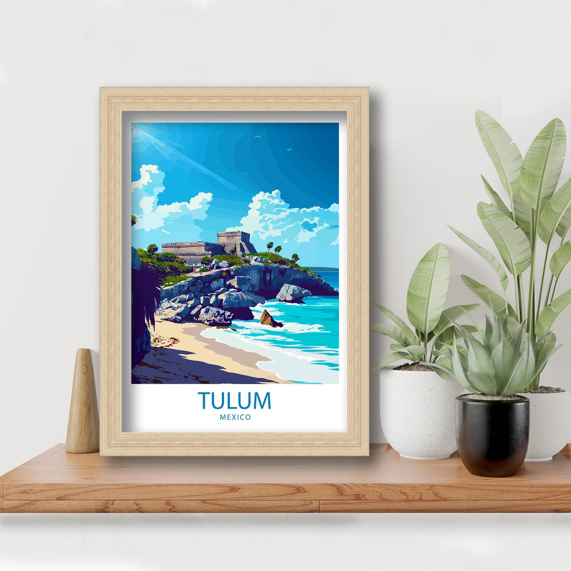 Tulum Mexico Ancient Ruins on Ocean Cliffs Travel Art Poster