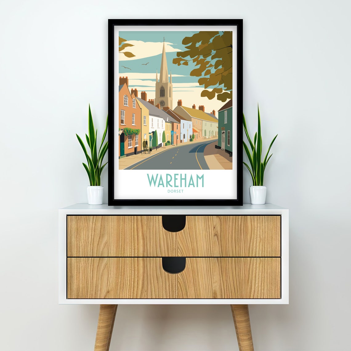 Wareham Dorset Historic High Street Church Spire Retro Art Poster - Image 3