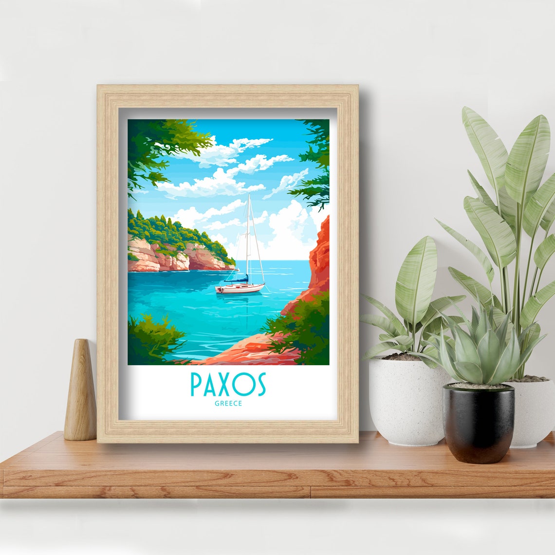 Paxos Greece Sailboat Cove Red Cliff Bay Turquoise Water View Poster - Image 6