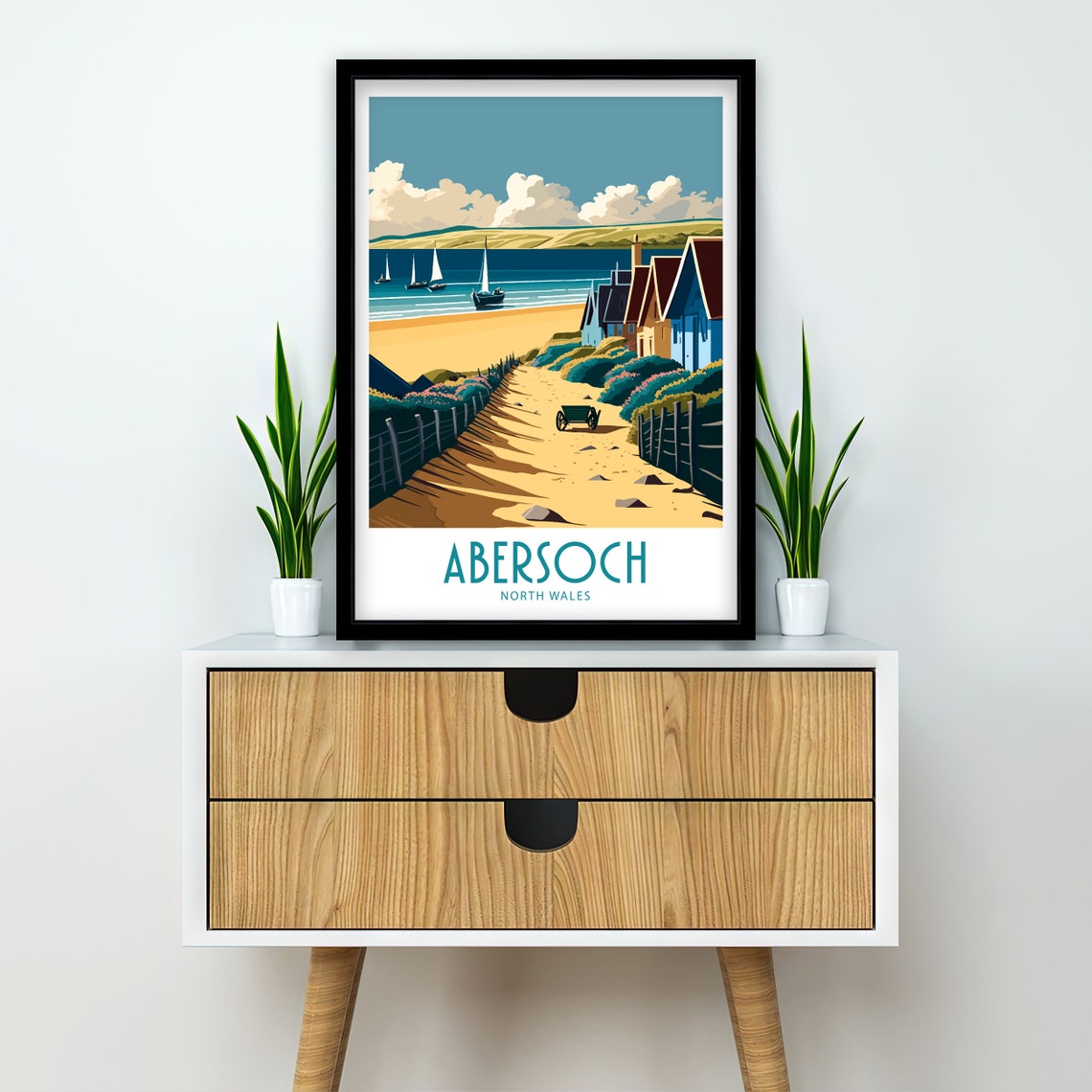 Abersoch North Wales Beach Huts Sailing Beach Vintage Travel Poster - Image 2