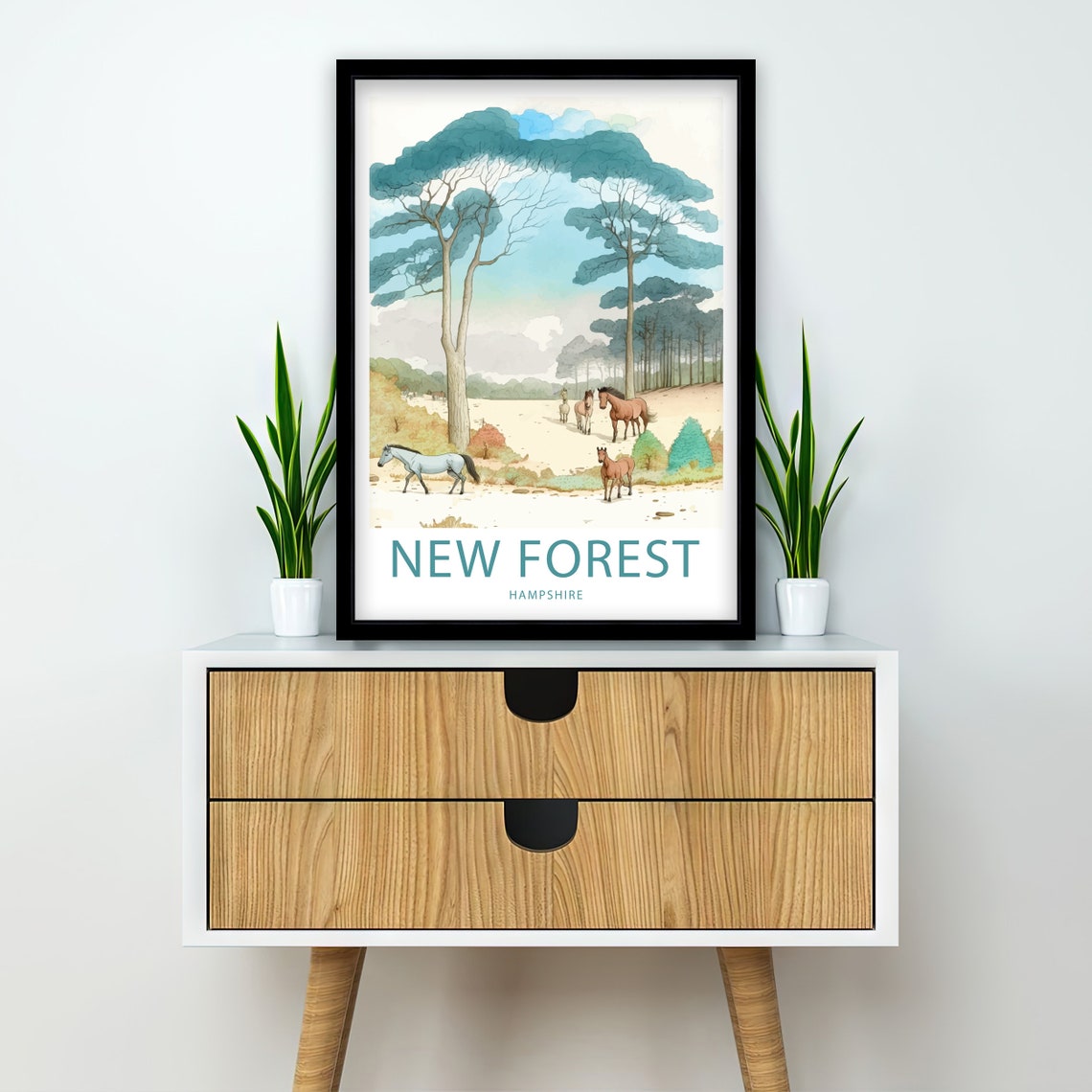New Forest Hampshire Horses Clearing Pine Trees Watercolor Poster - Image 2