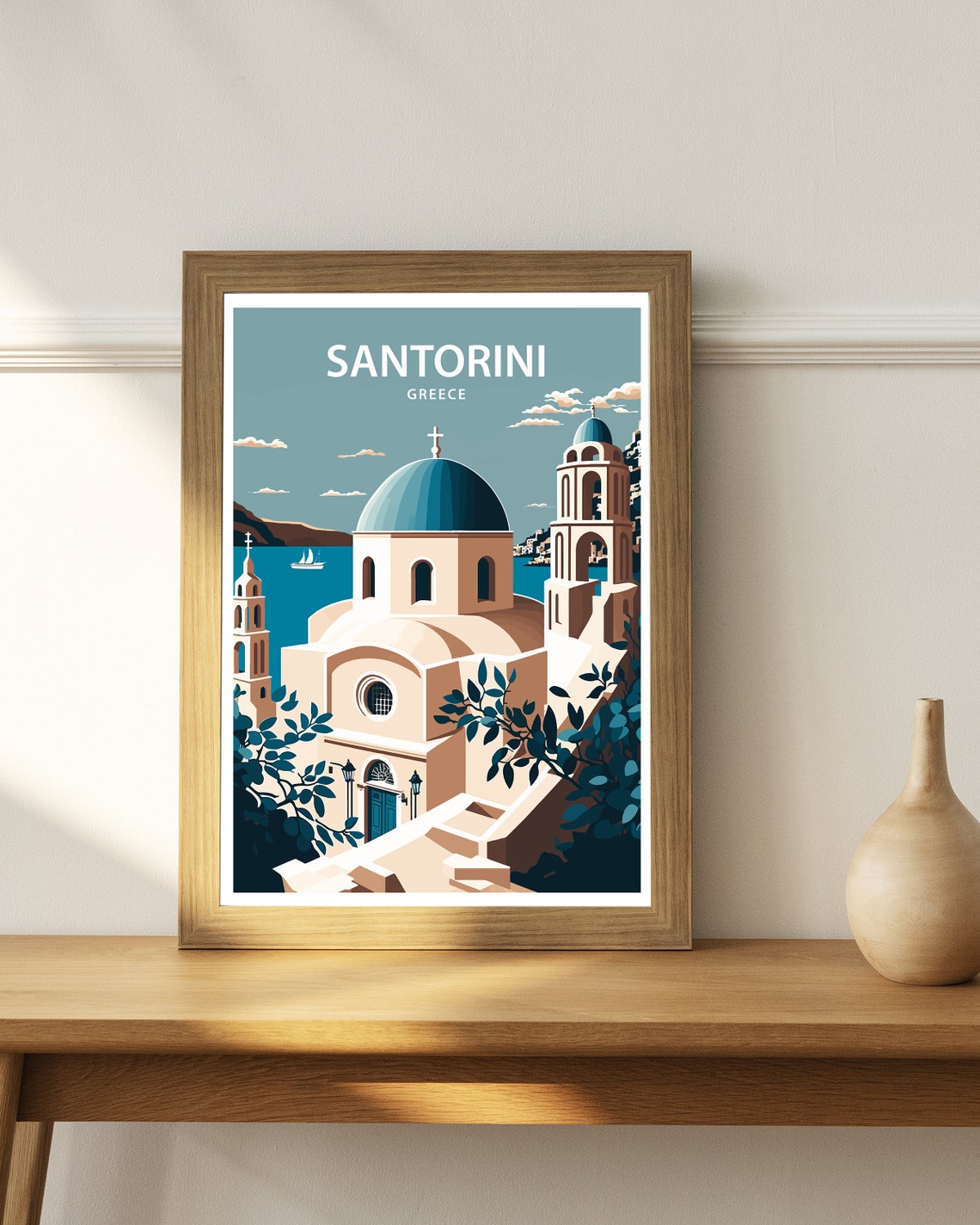 Santorini Greece Blue Dome Church Sea View Iconic Travel Poster - Image 3