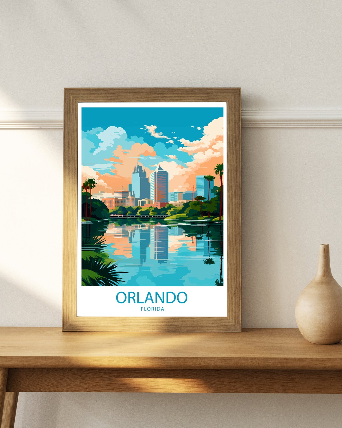 Orlando Florida Sunset Skyline Palm Lake Reflection Travel Poster - Image 3