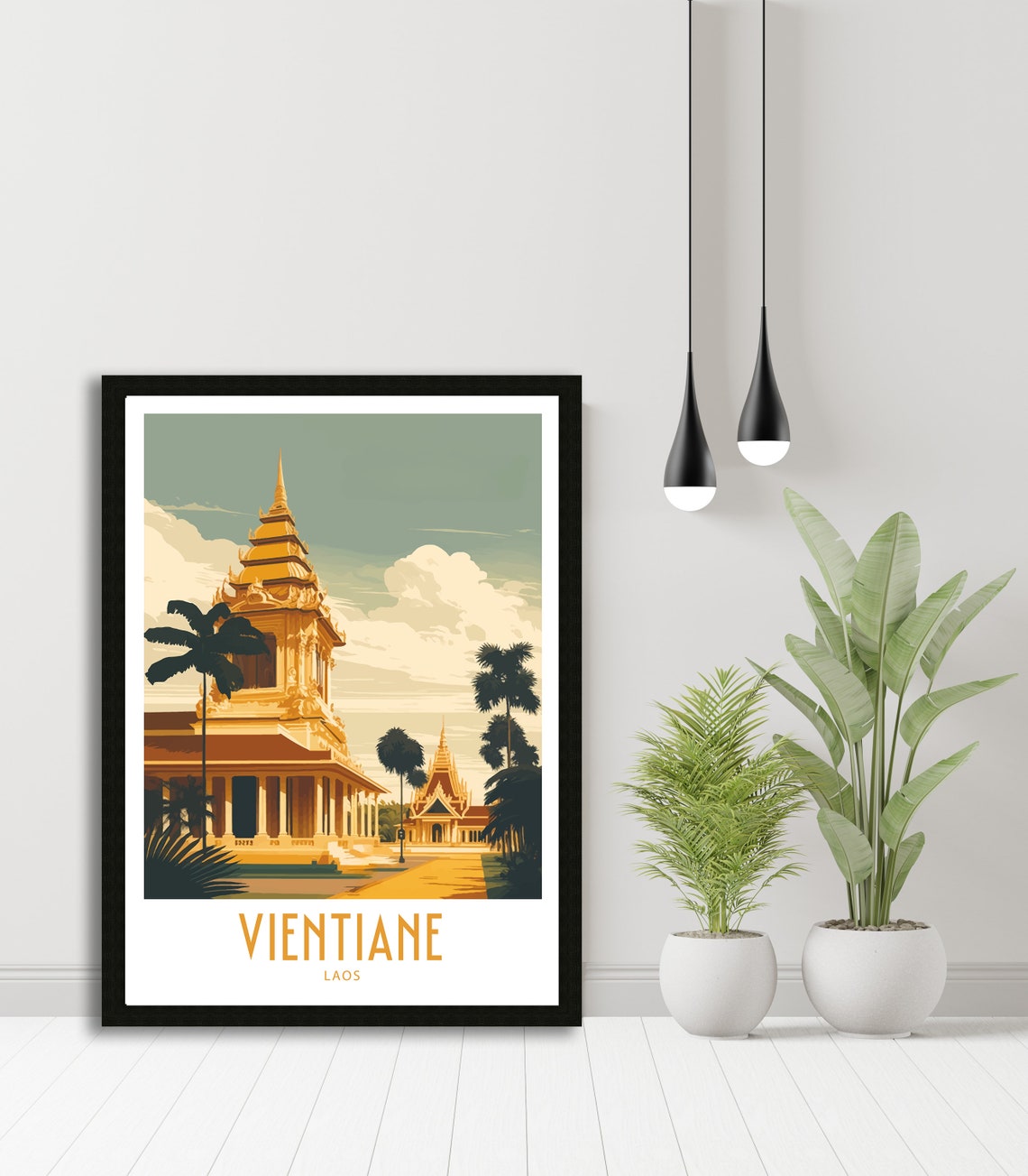 Vientiane Laos Golden Temples And Palm Trees Warm Sunset Travel Poster - Image 5