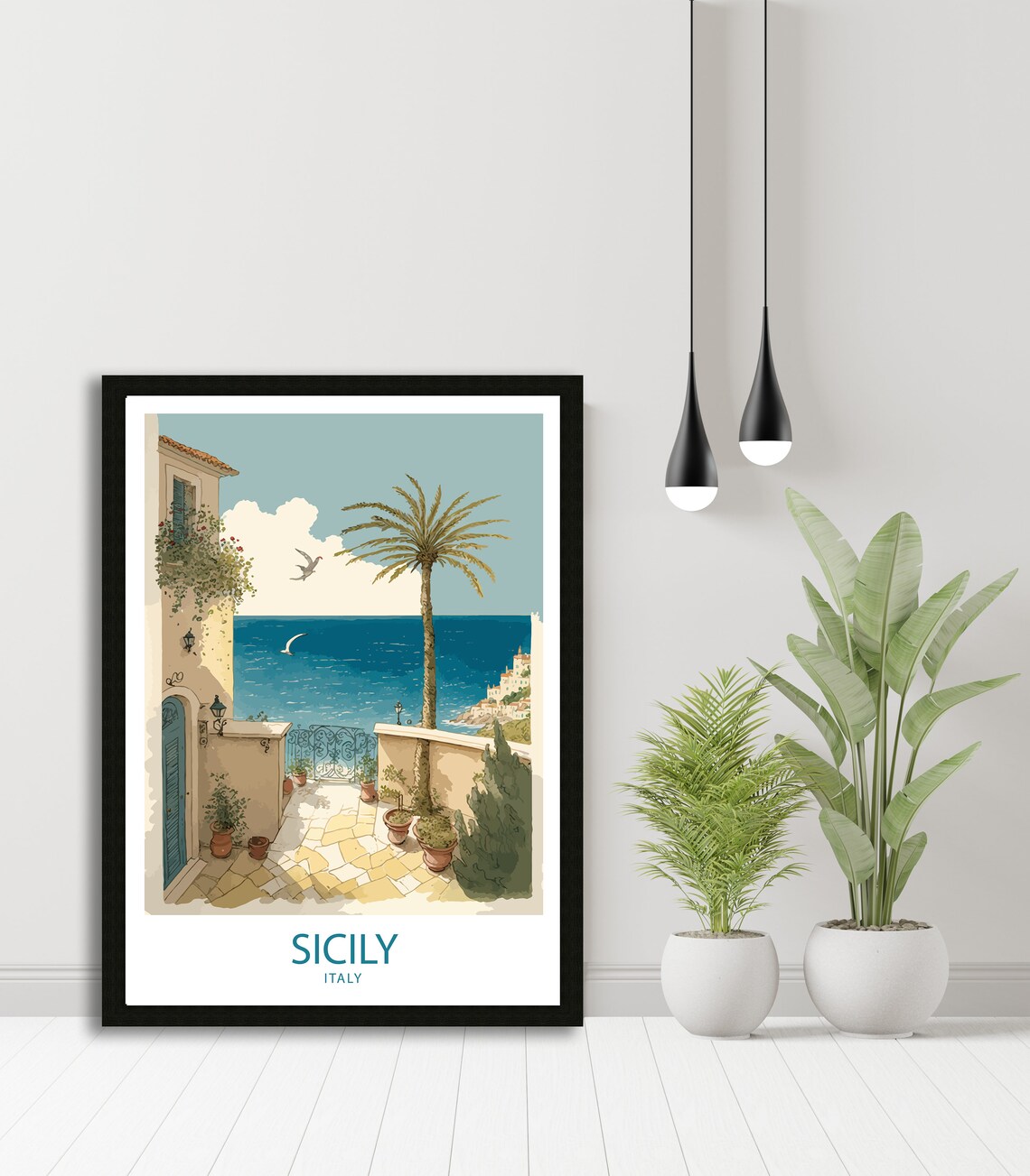 Sicily Italy Seaside Terrace Palm Stone Courtyard Travel Poster - Image 4