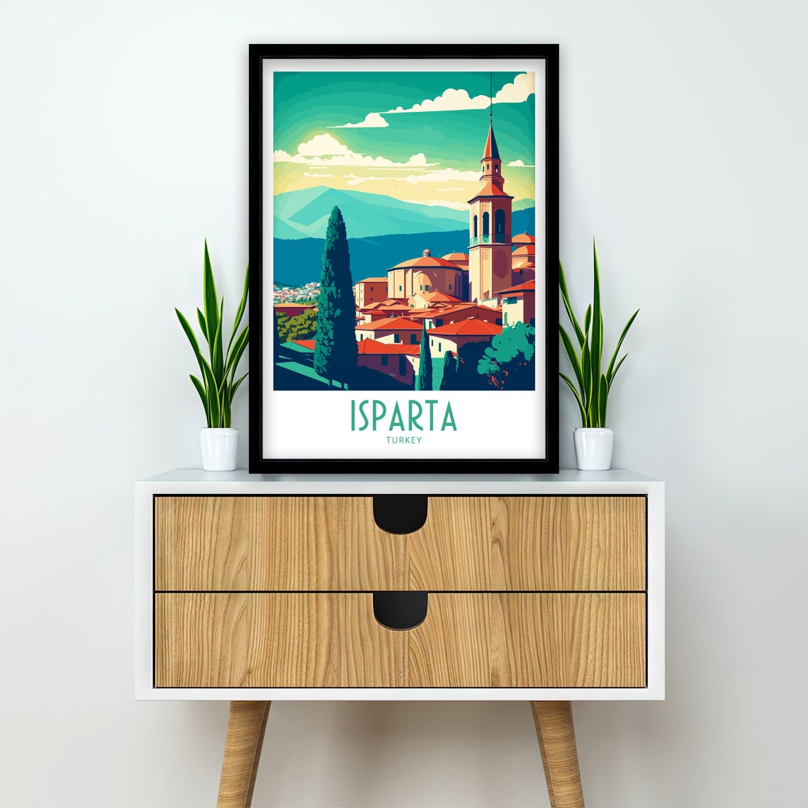 Isparta Turkey Old Town Bell Tower Mountain Retro Travel Poster - Image 2